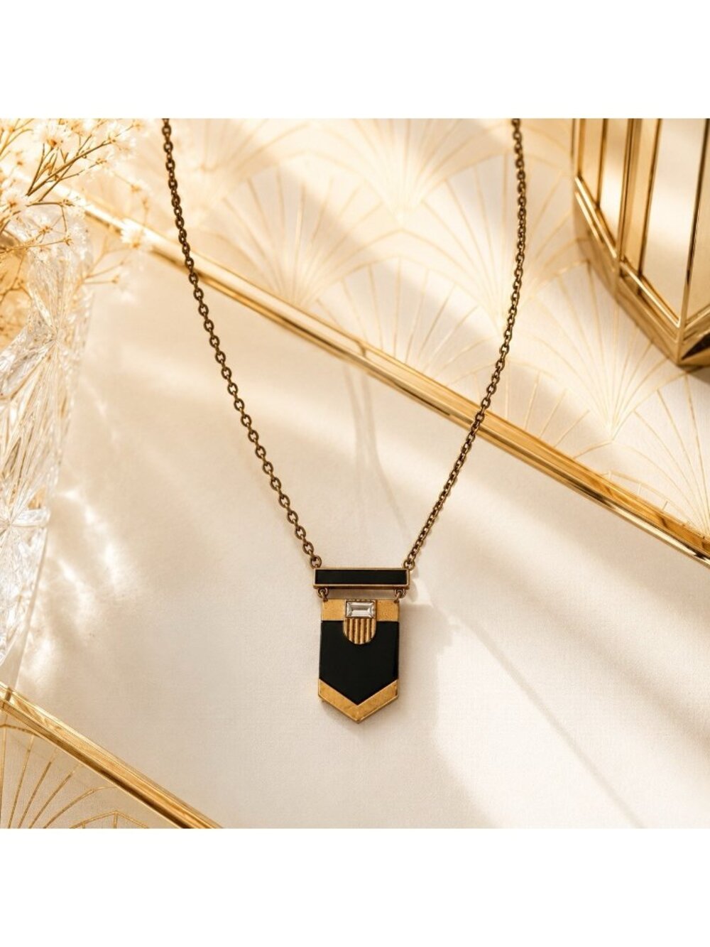 J. Crew Art Deco Revival Black Enamel Gold Tone Necklace Long Jewel 28"